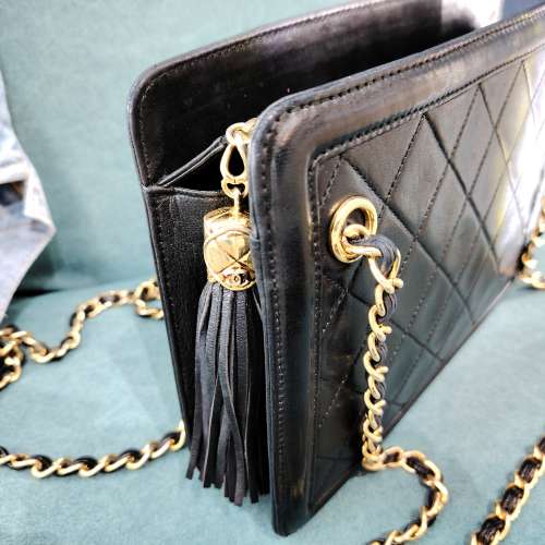 CHANEL中古黑金羊皮菱格流蘇雙鍊手袋 Chanel Vintage Matelasse Tassel Shoulder /...