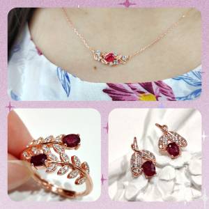 925玫瑰金天然紅寶石飾物3件套裝 Sterling Silver Rose Gold Plated Natural Ruby ...