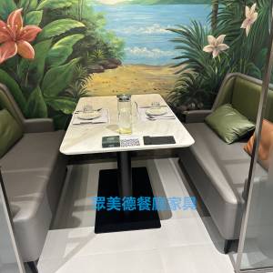 眾美德訂造西餐廳傢私，雲石餐桌，靠墻卡位梳化，金屬椅子坐凳，開防火證書