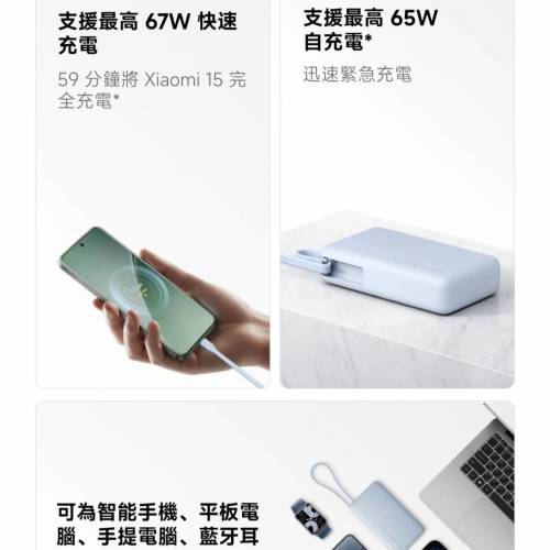 全新行貨勁好用Xiaomi 自帶線行動電源 10000 67W極速充 淺藍色 有保用