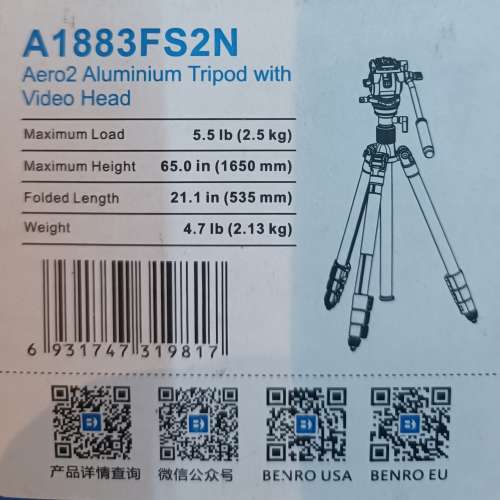 百諾 BENRO A1883F 三腳架暨單腳架（没有雲台）