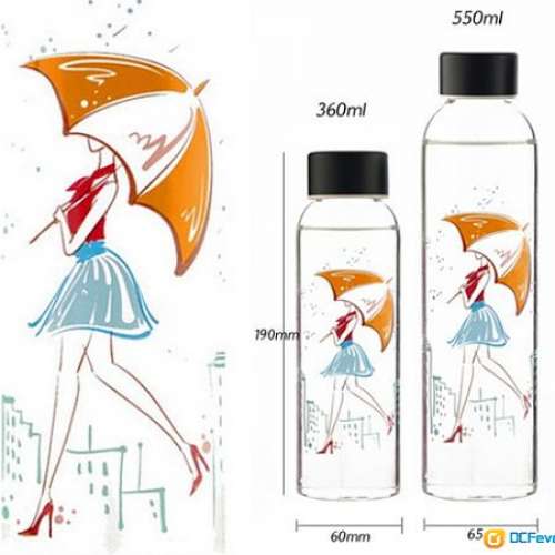 全新浪漫雨傘女孩磨砂玻璃水樽 雨傘圖案耐熱玻璃水瓶 水杯 水壺 玻璃瓶 旅遊 戶外 ...