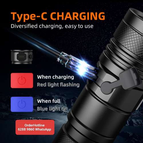TacTical LED Flashlight 強光電筒🔦 Zoomable. USB-C直接充電. 18650鋰電池容量 3...