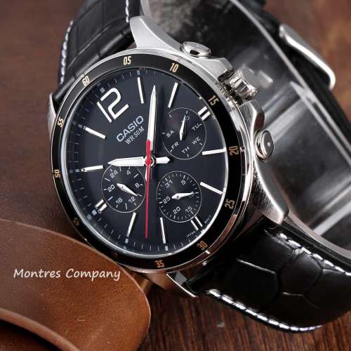 Montres Company 香港註冊公司(32年老店) 卡西歐 CASIO 黑色皮革錶帶 黑銀色 MTP13...