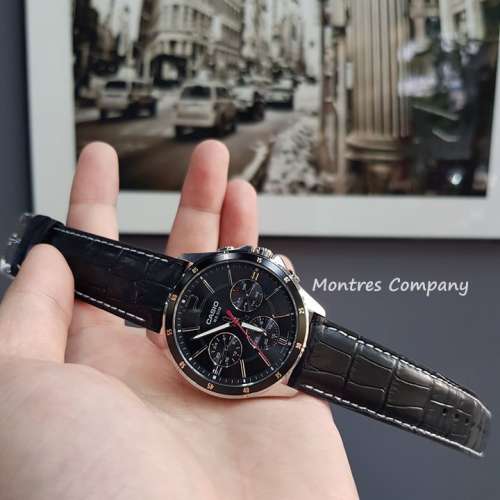 Montres Company 香港註冊公司(32年老店) 卡西歐 CASIO 黑色皮革錶帶 黑銀色 MTP13...