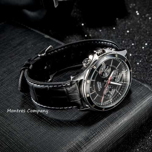 Montres Company 香港註冊公司(32年老店) 卡西歐 CASIO 黑色皮革錶帶 黑銀色 MTP13...