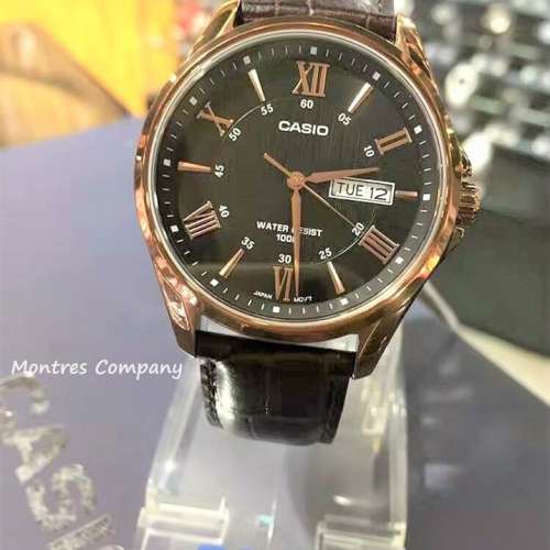 Montres Company 香港註冊公司(32年老店) 卡西歐 CASIO 棕啡真皮錶帶 黑色玫瑰金 M...