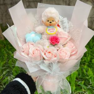 《獨家原創·專業花藝師設計》全新正版sakura pink櫻花粉monchhichi公仔花束 monch...