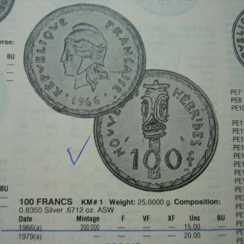 英法共管屬地新赫布里底群島 1966 年發行 100 法郎銀幣