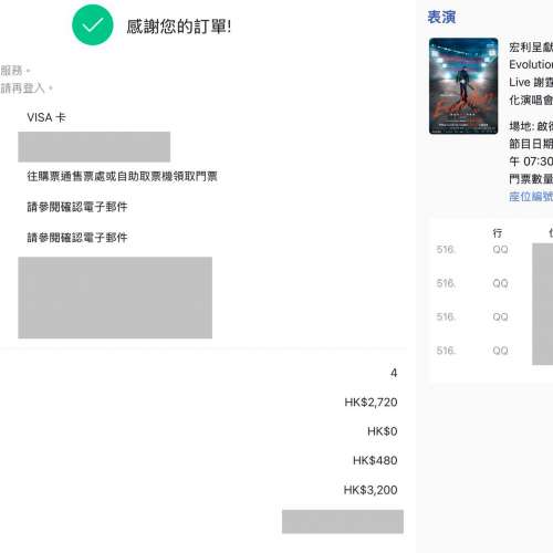 謝霆鋒演唱會$680 4連位門票 (24/4)