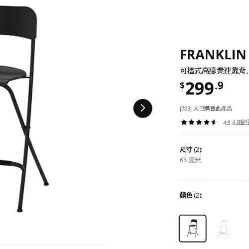 IKEA 2 張FRANKLIN 可摺式高腳凳連靠背, 黑色