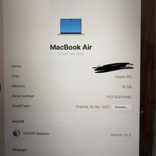 MacBook Air M3 (512GB) + 3年保養 + Mon貼 + 透明保護殼 (連盒)