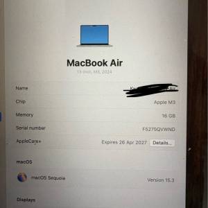 MacBook Air M3 (512GB) + 3年保養 + Mon貼 + 透明保護殼 (連盒)