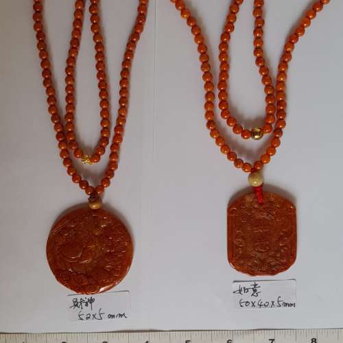 半價清貨。紅翡A玉如意吊墜,50x40x5mm，財神吊墜50x5mm.配上紅翡頸鏈，6mm26寸，好...