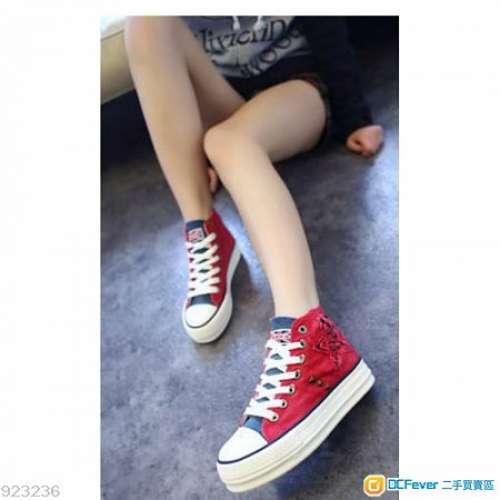 全新拼色帆布鞋 厚底高幫松糕鞋 平底鞋 休閒鞋 舒適鞋 輕便鞋 綁帶鞋 厚底鞋 - 紅色36