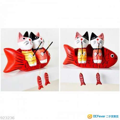 全新ZAKKA北歐工藝品擺件 情侶貓套裝 木制彩繪小貓釣魚 原木情侶貓 釣魚貓動物擺件 ...