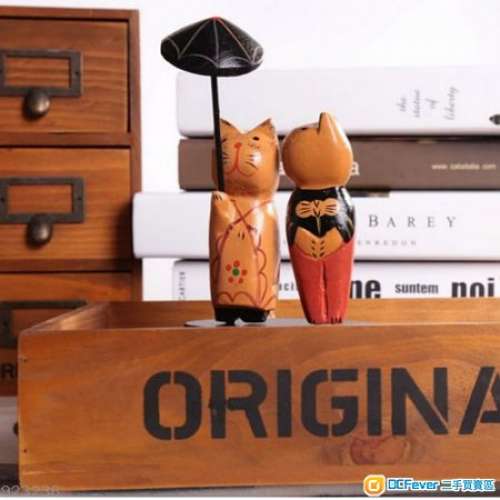 全新北歐原木夫妻撐傘貓 情侶貓 結婚生日節日禮物 家居擺件 工藝品