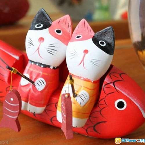 全新ZAKKA北歐工藝品擺件 情侶貓套裝 木制彩繪小貓釣魚 原木情侶貓 釣魚貓動物擺件 ...