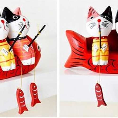 全新ZAKKA北歐工藝品擺件 情侶貓套裝 木制彩繪小貓釣魚 原木情侶貓 釣魚貓動物擺件 ...