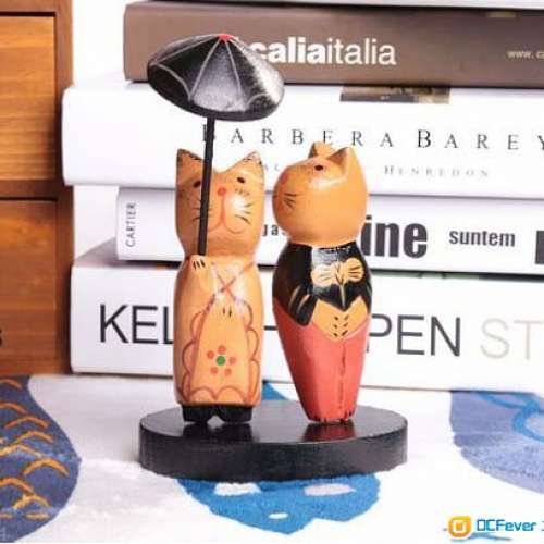 全新北歐原木夫妻撐傘貓 情侶貓 結婚生日節日禮物 家居擺件 工藝品