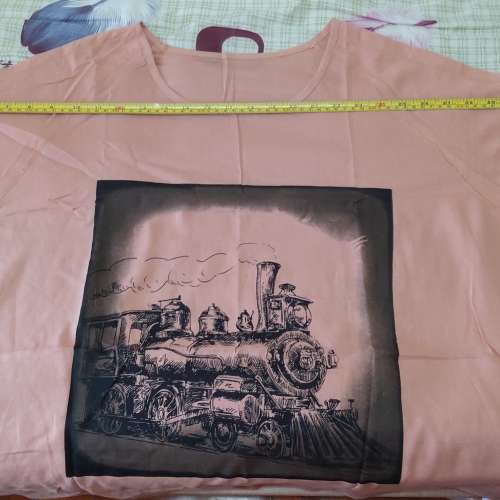 全新蝦肉色火車頭圖案麻質短袖衫 麻質鬆身衫 棉麻圓領寬鬆T恤 短袖T-Shirt 上衣 襯...