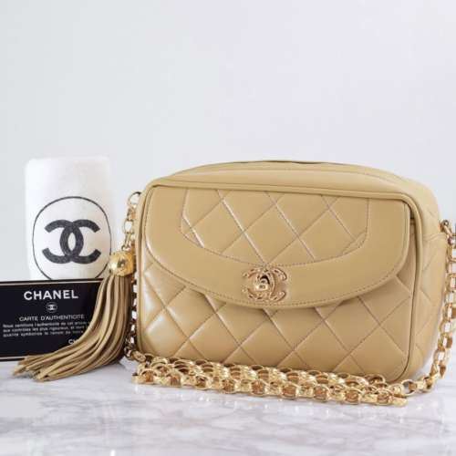 [特價出清]CHANEL中古米色金球流蘇相機包 Vintage Tassel Camera Bag Beige Color