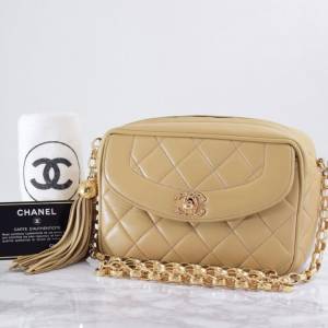 [特價出清]CHANEL中古米色金球流蘇相機包 Vintage Tassel Camera Bag Beige Color