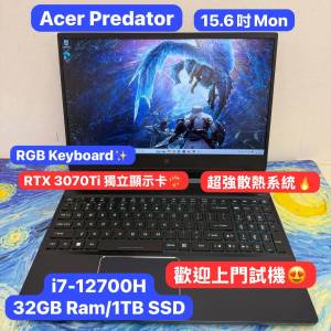 (Acer 3070Ti 頂級電競機) Acer  i7-12700H/8,16,32GB Ram/128,256,512GB,1TB SSD/...