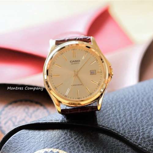 Montres Company 香港註冊公司(32年老店) 卡西歐 CASIO 棕啡色皮革錶帶 金色 MTP11...
