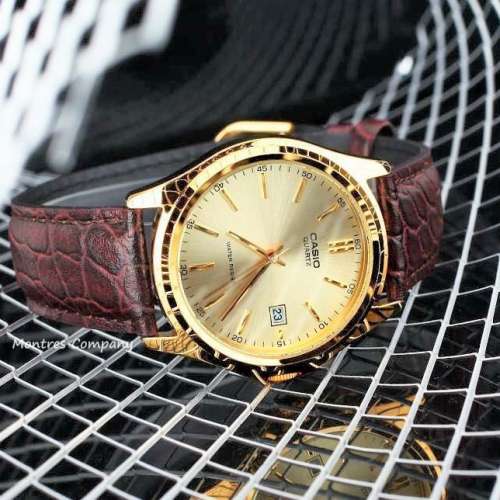 Montres Company 香港註冊公司(32年老店) 卡西歐 CASIO 棕啡色皮革錶帶 金色 MTP11...