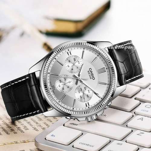 Montres Company 香港註冊公司(32年老店) 卡西歐 CASIO 黑色皮革錶帶 銀白色 MTP13...