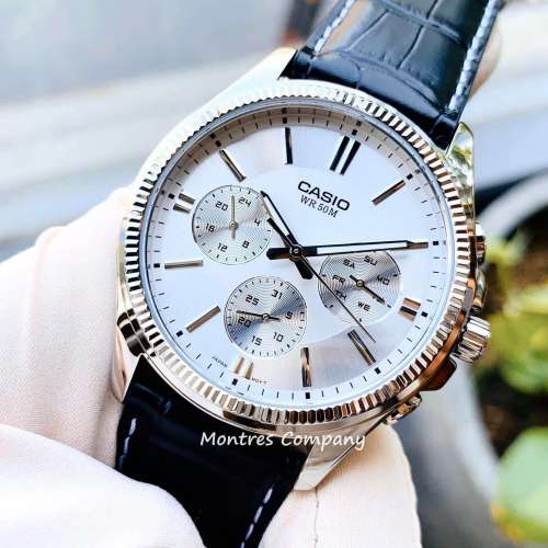 Montres Company 香港註冊公司(32年老店) 卡西歐 CASIO 黑色皮革錶帶 銀白色 MTP13...