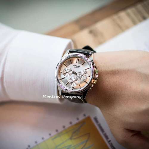 Montres Company 香港註冊公司(32年老店) 卡西歐 CASIO 黑色皮革錶帶 銀白色 MTP13...