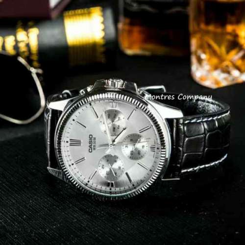 Montres Company 香港註冊公司(32年老店) 卡西歐 CASIO 黑色皮革錶帶 銀白色 MTP13...