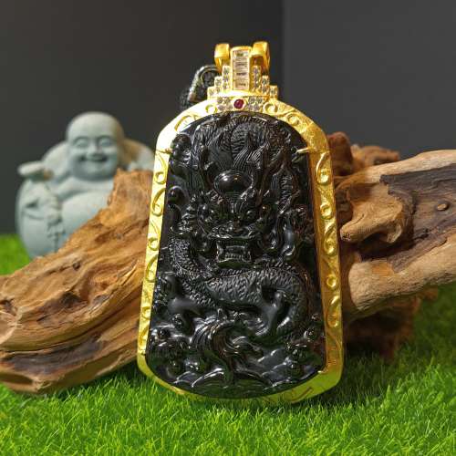 S925鍍金厚莊墨翠立體龍雕無事牌吊墜