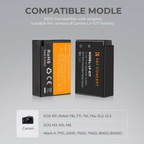 K&F CONCEPT LP-E17 Lithium-Ion Battery With Charger 代用鋰電池連充電機 (7.4V,...