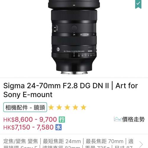 誠收一支：Sigma24-70mm F2.8 （2代）sony版
