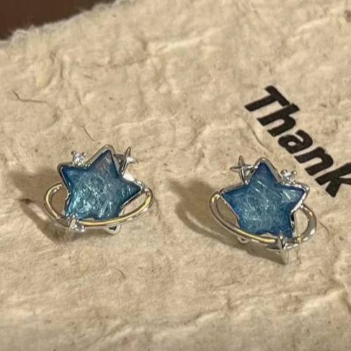 藍色星空耳釘｜五芒星小眾設計甜酷風