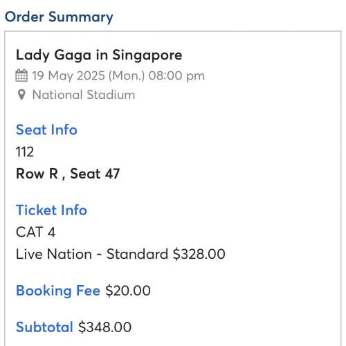 八折售 Ladygaga 新加坡 19/5 CAT4 112