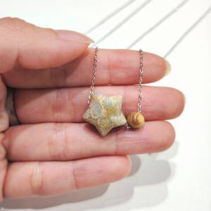 (A款) 925純銀星星珊瑚玉化石頸鍊 Sterling Silver Star Shaped Fossil Coral Bead...