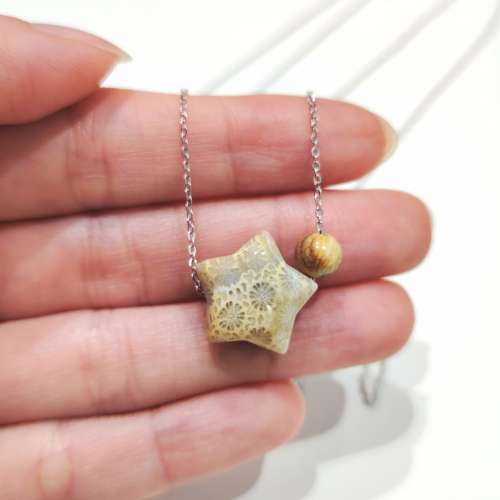 (A款) 925純銀星星珊瑚玉化石頸鍊 Sterling Silver Star Shaped Fossil Coral Bead...