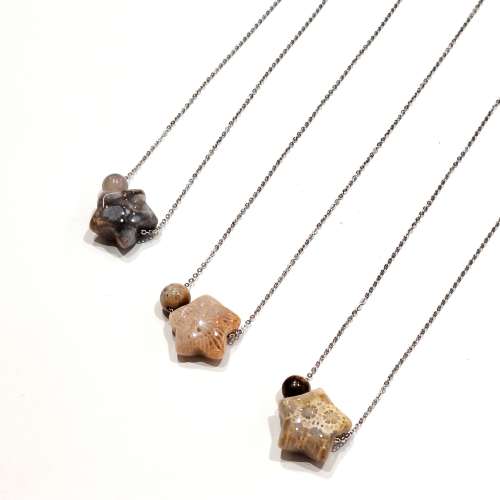 (A款) 925純銀星星珊瑚玉化石頸鍊 Sterling Silver Star Shaped Fossil Coral Bead...