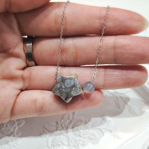 純銀星星珊瑚玉化石頸鍊(C款) Star Shaped Fossil Coral Bead Necklace (Style C)