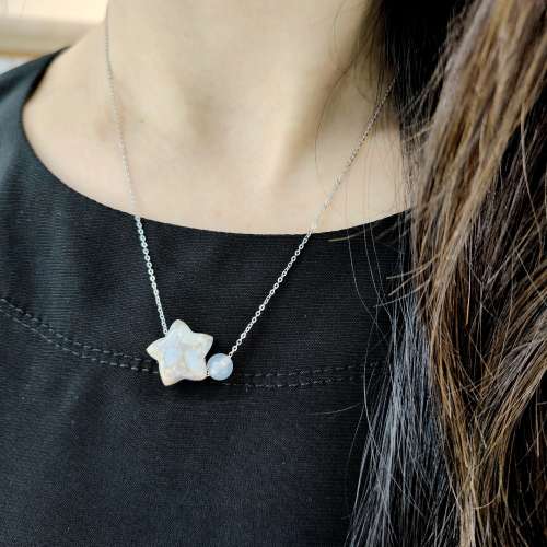 純銀星星珊瑚玉化石頸鍊(C款) Star Shaped Fossil Coral Bead Necklace (Style C)