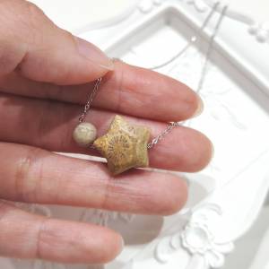 星星珊瑚玉化石925純銀頸鍊(D款) (Style D) 925 Star Shaped Fossil Coral Bead Ne...
