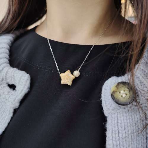 星星珊瑚玉化石925純銀頸鍊(D款) (Style D) 925 Star Shaped Fossil Coral Bead Ne...