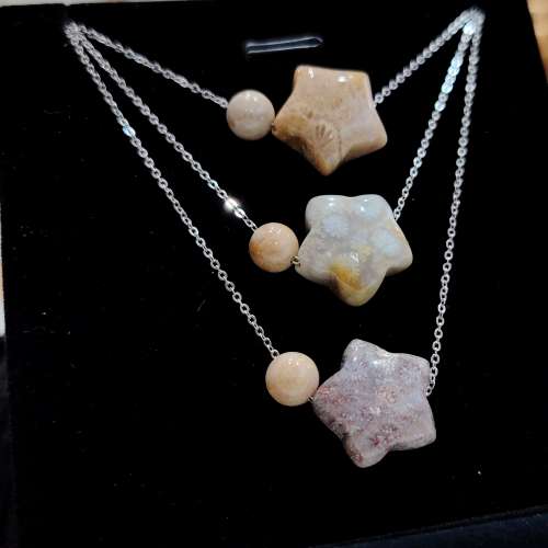 (E款)星星珊瑚玉化石純銀頸鍊 Star Shaped Fossil Coral Bead Necklace (Style E)