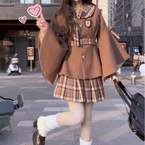 法式千金感小香風套裝女春季2025新款蝴蝶結收腰外套+ 百褶 半裙兩件套 啡色