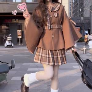 法式千金感小香風套裝女春季2025新款蝴蝶結收腰外套+ 百褶 半裙兩件套 啡色
