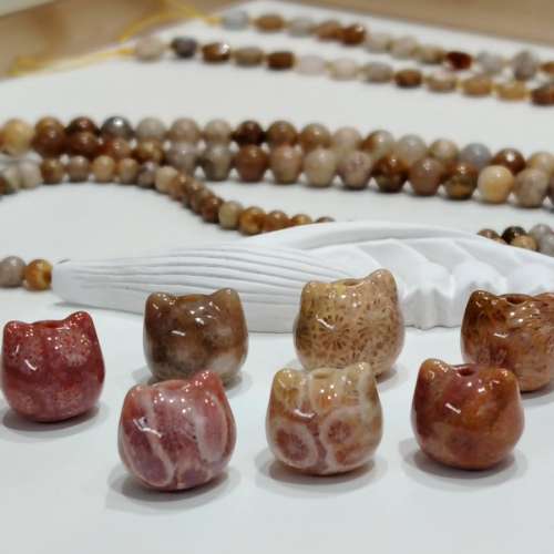 925純銀貓貓頭珊瑚玉化石手串